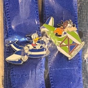 *NEW* Disney Pin Trading Airplane Goofy Donald Cards Blue Lanyards Set of 2
